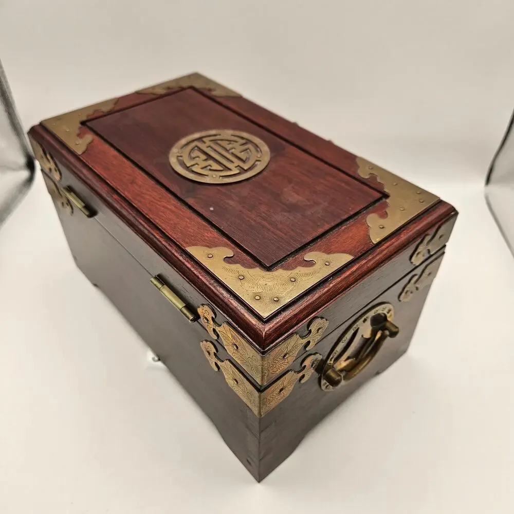 CHINESE STYLE WOODEN JEWELRY BOX W KEY BRASS LOCK RED LINED ORGANIZER